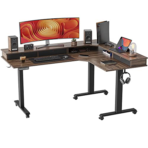 FEZIBO Triple Motor 63" L Shaped Standing Desk with 3 Drawers, Electric Gaming Desk Adjustable Height, Corner Stand up Desk with Splice Board, Black Frame/Black Walnut Top - 3 Desktop Drawers - Black Walnut