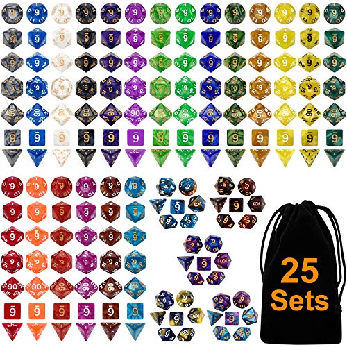 DND Dice Set 25 x 7 (175 Pieces) Double-Colors Polyhedron Dice for Dungeons and Dragons D&D RPG MTG Table Games D4 D6 D8 D10 D% D12 D20 25 Colors Dice with 1 Large Flannel Bag
