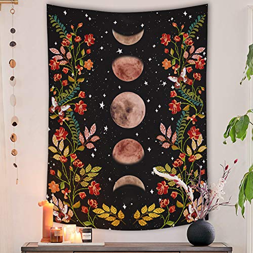 Lifeel Moonlit Garden Tapestry, Moon Phase Surrounded by Vines and Flowers Black Wall Decor Tapestry 36×48 inches - Black - 36.00" x 48.00"