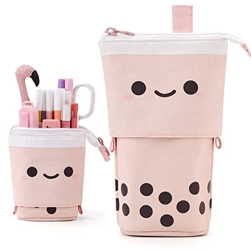 ANGOOBABY Standing Pencil Case Cute Telescopic Pen Holder Kawaii Stationery Pouch Makeup Cosmetics Bag for School Students Office Women Teens Girls Boys (Pink) - Pink