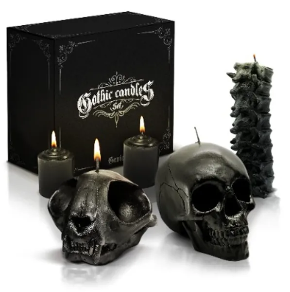Gothic Skull Candle Bundle - Human Skull  Pine, Cat Skull Candle with Votive Candles