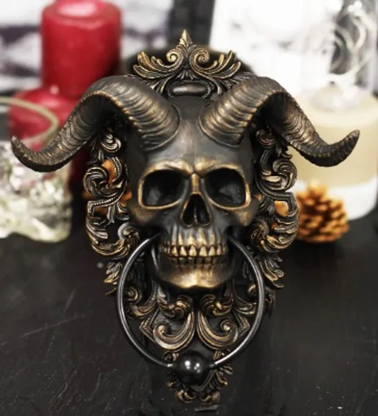 Ebros Sabbatic Goat of Mendes Samael Lilith Baphomet Horned God Skull Hanging Door Knocker with Built in Striker Plate Wall Decor Plaque with Lace Filigree 9.5" High Satanic Devil Lucifer Accent