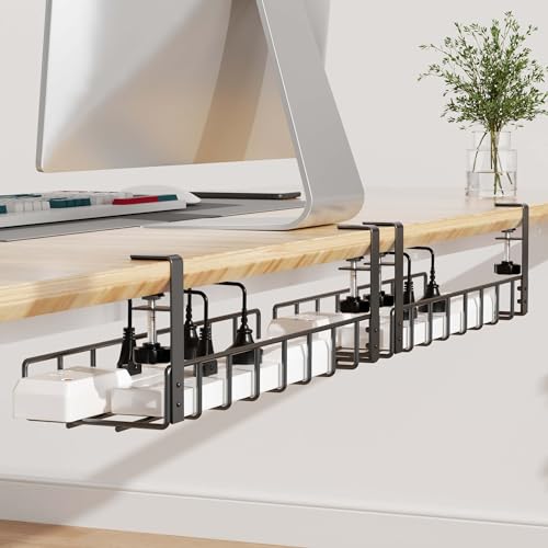 Xpatee 2 Pack Cable Management Under Desk Tray, 31.4" No Drill Under Desk Wire Management with Upgraded Clamp, Metal Cord Organizers for Desk with Cable Organizers, PC Cable Management Rack, Black - 2 Pack - Black