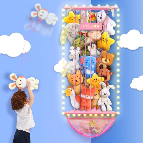 Stuffed Animal Storage Wood Corner Stuffed Animal Organizer Large Plush Toys Holder with Corner Bath Toy Organizer Net Bag Led Light Adjustable Length Kids Bedroom Playroom Organization for Boys Girl - Pink
