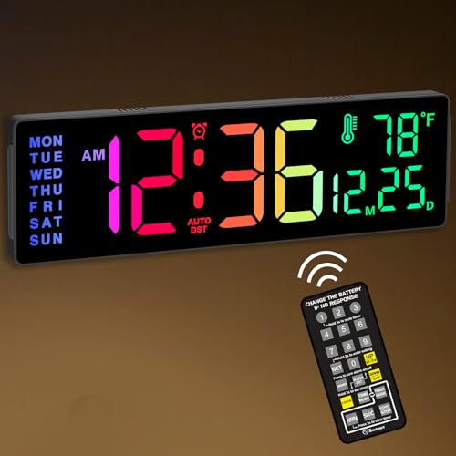 Soobest 14.2" Large Display RGB Digital Wall Clock Color Changing with Remote Control, Alarm Clock with Auto DST Indoor Temperature Date Day of Week LED Screen Gift for Living Room, Bedroom Elderly - Rgb