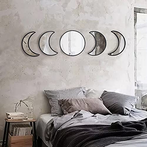 YUBAIHUI 5pcs Scandinavian Bohemian Home Wall Decor Moon Phase Decorative Mirror Set Acrylic Bedroom Decoration Self Adhesive Ornament Living Room Decor (Black) - Black