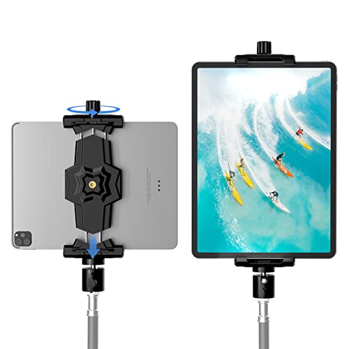 iPad and Phone Tripod Mount Adapter with Ball Head, iPad Holder for Tripod, 360 Rotatable Tablet Clamp Mount fits iPad Pro 12.9, iPad Air Mini 3 4, Galaxy Tab, Surface Pro 8, Selfie Stick(5.3-10.6’’) - Black