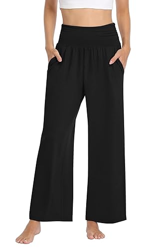 TARSE Womens Wide Leg Pants Casual Loose Yoga Sweatpants Comfy Lounge Pajama Flowy Pants Pockets - Black 4X-Large