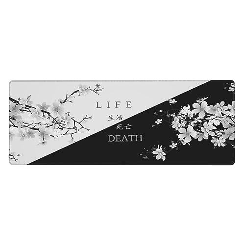 Cherry Blossom Large Mouse Pad Black and White Gaming Mouse Pad XL Japanese Sakura Long Mousepad Extended Mouse Mat Big Desk Pad Non-Slip Rubber Base with Stitched Edges for Gaming and Working - White Black