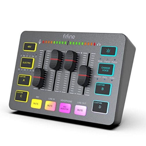 FIFINE Gaming PC Audio Mixer for Streaming, DJ Mixer with Volume Fader, XLR Microphone Interface, Channel Control, Mute, Sound Effect, 48V Phantom Power, Streamer Setup for Podcast Recording-SC3