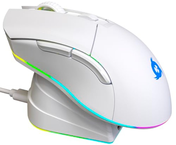 KLIM Blaze Pro Rechargeable Wireless Gaming Mouse with Charging Dock RGB - New 2023 - High-Precision Sensor and Long-Lasting Battery - Up to 6000 DPI - Great PC Gaming Mouse Wireless - White - White