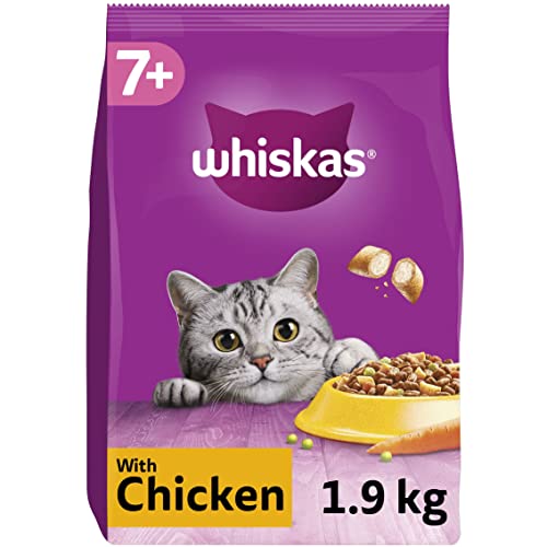 Whiskas 7+ Chicken Pack of 4 x 1.9 kg Bags, Senior Cat Dry Food - Pack May Vary - 4x1.9kg