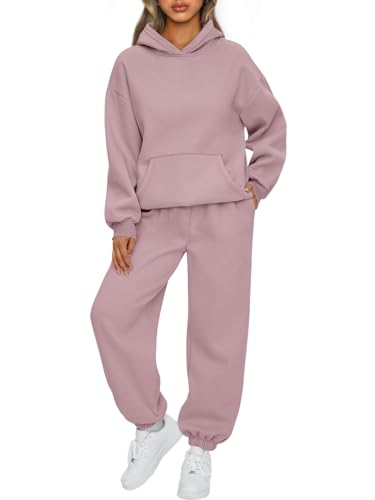 2 Piece Outfit Hoodie Sweatsuit Set, Oversized Sweatshirt Baggy Fall Fashion Sweatpants with Pockets - Darkpink - Small