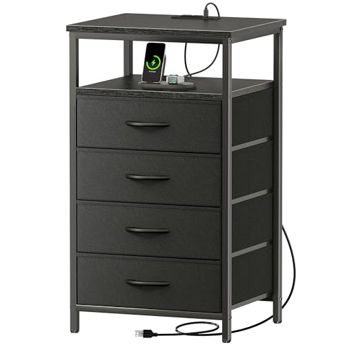 Huuger Nightstand with Charging Station, 27.6 Inch Side Table with Fabric Drawers, End Table Bedside Table with USB Ports and Outlets, Night Stand for Bedroom, Rustic Brown - 4 Drawers - Black - 1