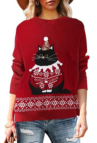 Knitted Pullover Ugly Christmas Sweater- Small - Red - Xmas Cat