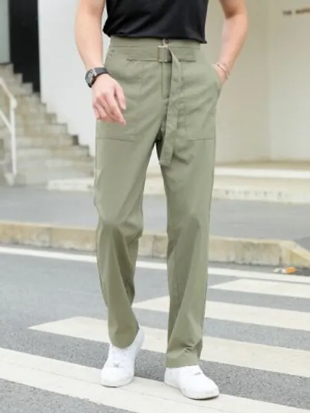 Men Fake Belted Slant Pocket Pants