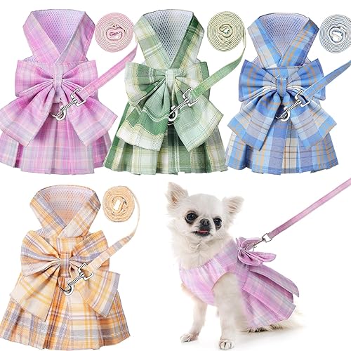 Potchen 4 Pcs Plaid Dog Dress Bow Tie Harness Leash Set Harness Dress for Small Dogs Cute Dog Pet Girl Puppy Summer Clothes for Female Bunny Clothes Yorkie Chihuahua Training Walking (Light Color,S) - S - Light Color