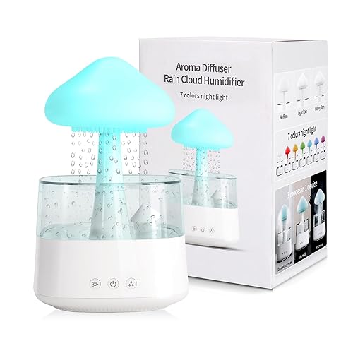 Rain Cloud Humidifier for Bedroom Water Drip Diffuser, Mushroom Diffuser, 450ml Cloud Humidifier Rain Drop, Rain Cloud Diffuser with 7 Colors, Rain Sounds for Sleeping (08 White)