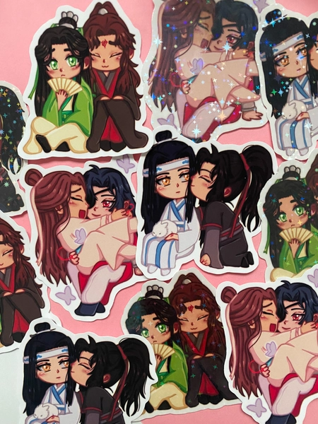 Cute Double sided Transparent Two Boys Danmei Chinese Couple MXTX Manhwa Hual1an Wangx1an Bingqu1 Matte/Holographic overlay Sticker Pack x3