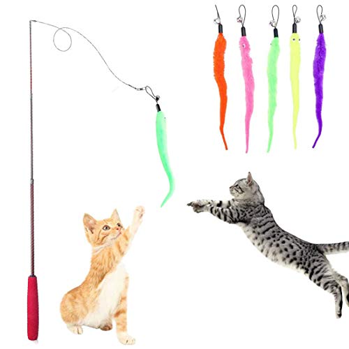 HO2NLE Cat Wand Toys Cat Feather Toys Cat Teaser Wand with 5 Refills with Cat Wand Toys for Indoor Cats
