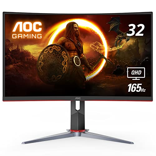 AOC CQ32G2S 32" Curved Frameless Gaming Monitor 2K QHD, 1500R Curved VA, 1ms, 165Hz, FreeSync, Height adjustable, 3-Year Zero Dead Pixel Guarantee,Black - 32" QHD Curved Screen - 165Hz Low Latency