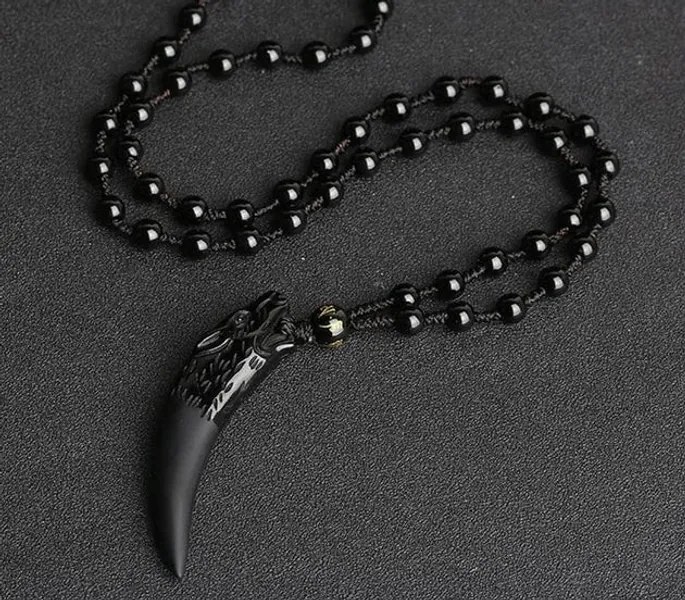 Fenrir's Fang - carved Obsidian Necklace | Large Black Chain