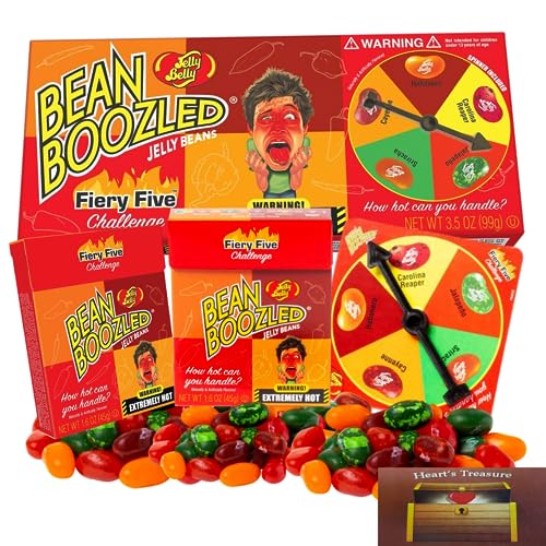 BEANBOOZLZED FIERY FIVE JELLY BEAN GAME. Spicy Candy Challenge Spinner Gift Box 3.5 Oz. And Two Flip Top Zesty Refills, 1.6 Oz. Each With Five Levels Of Heat (3 Pack) With Heart’s Treasure Decal - 3 Piece Set
