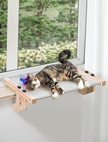SAINT NIEVE Cat Window Perch - Sturdy & Adjustable Cat Bed for Large Cats, Easy to Assemble Hammock with Wooden Frame Perfect for Windowsill Bedside and Cabinet