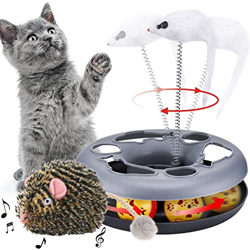 Cat Toys, Cat Toys for Indoor Cats,Interactive Kitten Toys Roller Tracks with Catnip Spring Pet Toy with Exercise Balls Teaser Mouse (Grey and Mouse) - Grey and Mouse