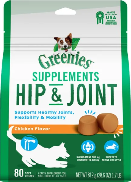 Greenies Hip & Joint Dog Supplements with Glucosamine and Chondroitin, 80-Count Chicken-Flavor Soft Chews for Adult Dogs