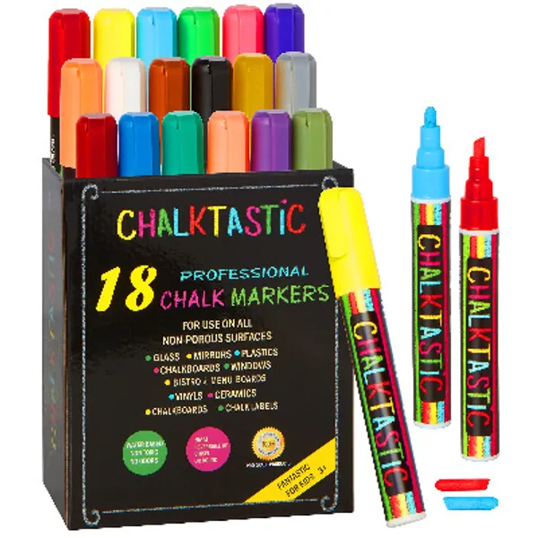 Chalktastic Chalk Pens – Set of 18 Liquid Pen Chalkboard Markers for Blackboards, Signs, & Glass - Neon, Dry Erase, Coloured Window Pens - Art Supplies