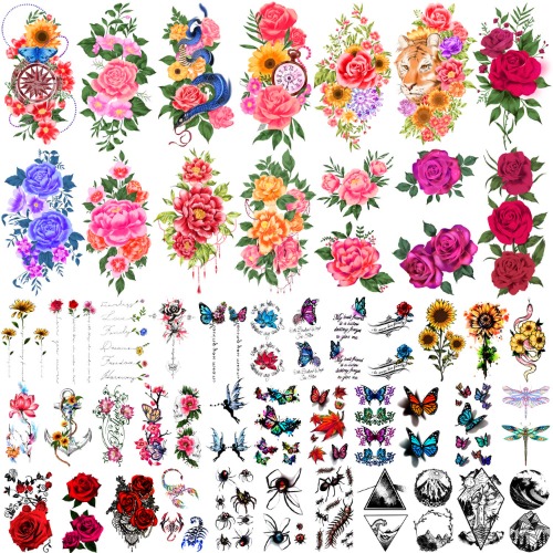 Yazhiji 49 Sheets Temporary Tattoos for Women and Men 3D Extra Large Waterproof Sexy Flowers Fake Tattoo Kits - 49sheet color
