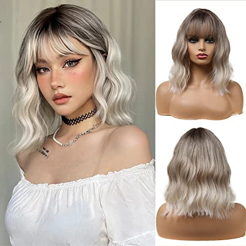 Esmee 14 Inches Short Blonde Wigs with Bangs for Women Natural Synthetic Hair Ombre Wig with Dark Roots Loose Wavy Wigs for Cosplay Daily Party Wear - Short Blonde