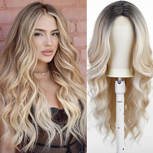Esmee Long Wavy Lace Ombre Blonde Wig for Women Middle Part Curly Wavy Wig Natural Looking Synthetic Heat Resistant Fiber Wig for Daily Party Use 26 Inch - Lace Ombre Blonde