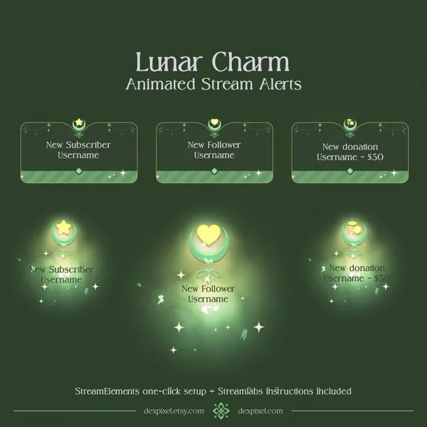 Green Lunar Charm Celestial Animated Stream Alerts | x20 Animated Alerts + Sound | Twitch Stream Alerts Streamlabs and StreamElements
