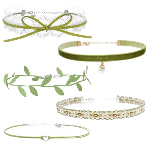 Nova&Aria Chokers Set For Women Heart Choker Necklaces Flower Pendant Velvet Cute Pink Turquoise Blue White Black Choker Necklace Christmas Colorful Lace Chokers For Teen Girl - Green A