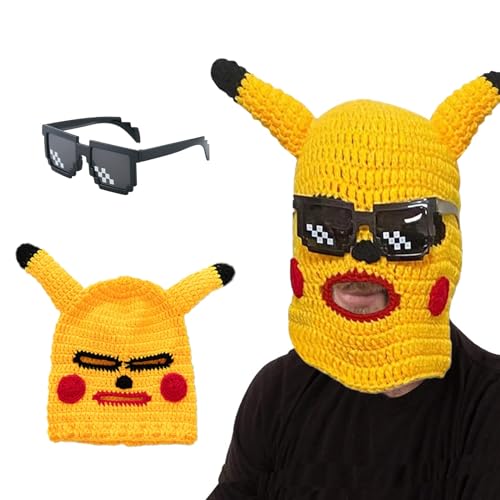 DRYIC 3 Hole Knitted Full Face Ski Mask with Glasses Funny Halloween Cool mask, Funny Clown Crazy hat for Anime Style, Festive Party Full Face Cover, Full Face Fabric Mask Yellow