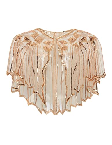 BABEYOND 1920s Shawl Wraps Sequin Beaded Evening Cape Bridal Shawl Bolero Flapper Cover Up, Rose Gold, One size fits most - Rose Gold