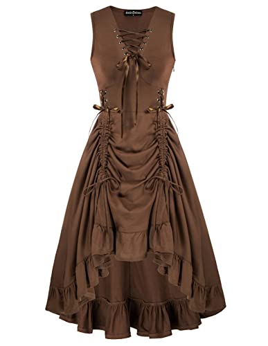 SCARLET DARKNESS Women Steampunk Gothic Dress Lace Up Ruffled Sleeveless High Low Dress - Brown - Large