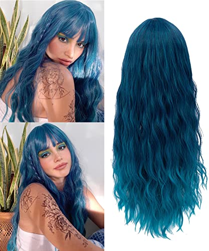 netgo Teal Wig for Women, Dark Blue Wig with Bangs, Long Fluffy Curly Wavy Blue Hair Wigs for Girl Synthetic Daily Cosplay Party Wigs - Dark Blue