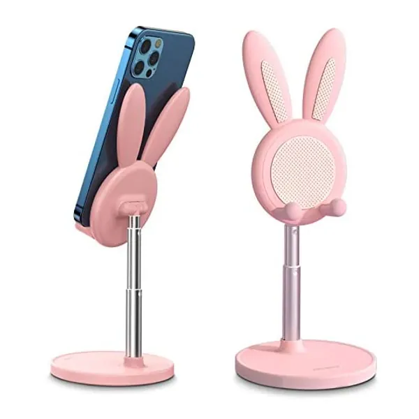 
                            Cute Bunny Phone Stand, Angle Height Adjustable OATSBASF Cell Phone Stand for Desk, Thick Case Friendly Phone Holder Stand, Compatible with iPhone, Kindle, iPad, Switch, Tablets, All Phones (Pink)
                        