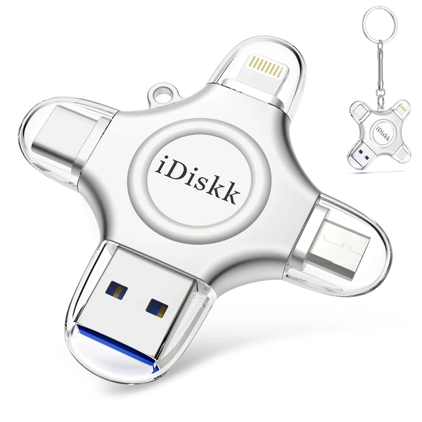 iDiskk USB Sticks voor iPhone en iPad met 4 poorts, iPhone geheugenstick USB Flashstations iOS Fotostick Lightning backup USB-C voor iPhone, iPad, computers (Apple MFi Certified)