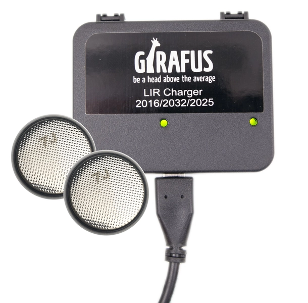 Girafus lader voor knoopcellen LIR-2032/2016 2025 oplaadbare batterijen USB-batterijlader inclusief 2X LiR2032 3,7Volt batterijen (vervang CR2032-batterijen) Batterijlader