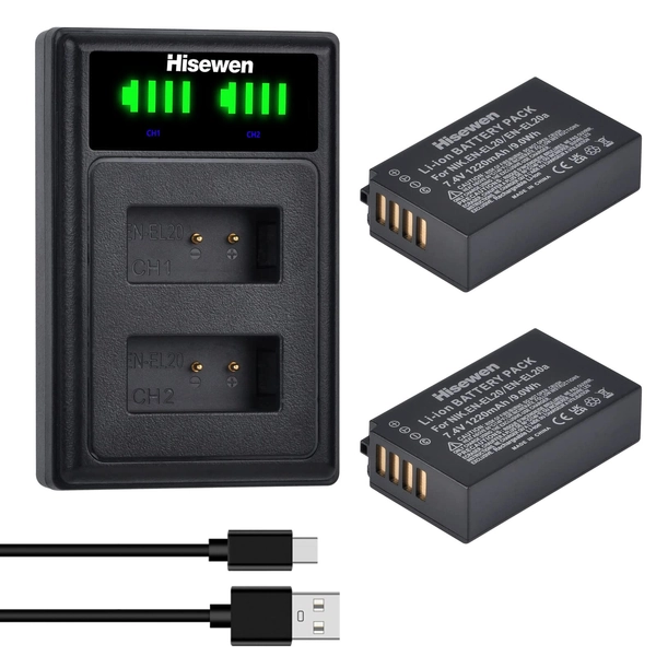 EN-EL20 EN-EL20a accu en oplader, Hisewen 2 stuks 1220mAh accu voor Nikon Coolpix P1000, P950, 1 AW1, 1 J1, 1 J2, 1 J3, 1 S1, 1 V3, DL24-500, Coolpix A camera