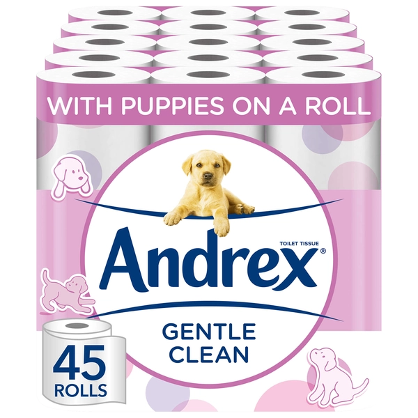 Andrex Gentle Clean toiletpapier met puppies in reliëf op de rol