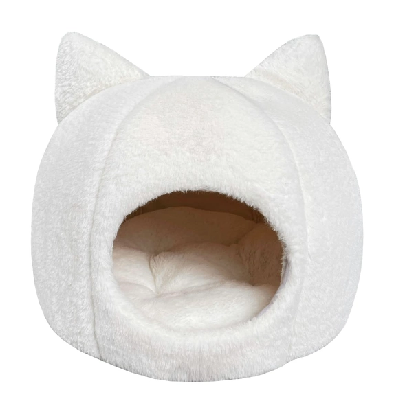 Iglu Kattenmand, kattenbed, opvouwbaar, voor katten of kleinere honden, zacht, pluizig kunstbont met kattenoren, wit, 38 x 38 x 35 cm (l x b x h)