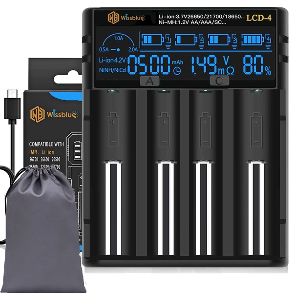 WISSBLUE 18650 batterijlader, LCD-scherm kan capaciteit weergeven, 2a snelle 18650-oplader, geschikt voor 3.7v lithiumbatterij en 1.2v Ni-Mh/Ni-Cd AA AAA-batterij