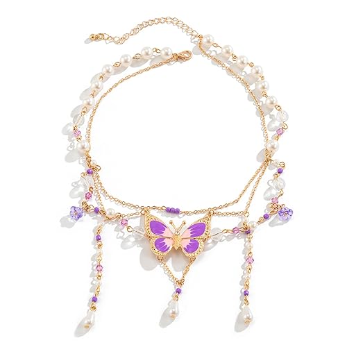 YURAOER Fairy Tassel Butterfly Choker Necklace - Colorful Butterfly Pendant Necklace Elegant Bohemian Butterfly Costume Jewelry for Women - purple