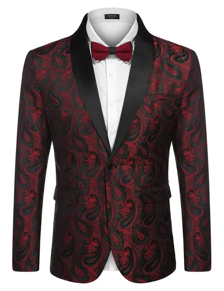 COOFANDY Mens Floral Tuxedo Jacket Paisley Shawl Lapel Suit Blazer Jacket for Dinner,Prom,Wedding - Large Wine Red