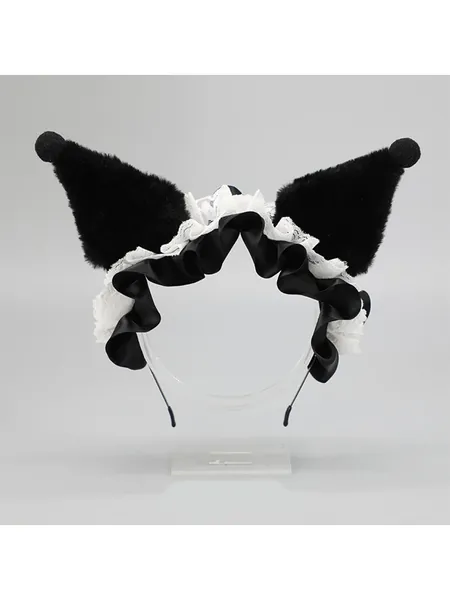 Diadema de moda unicolor con encaje floral felpa oreja de gato